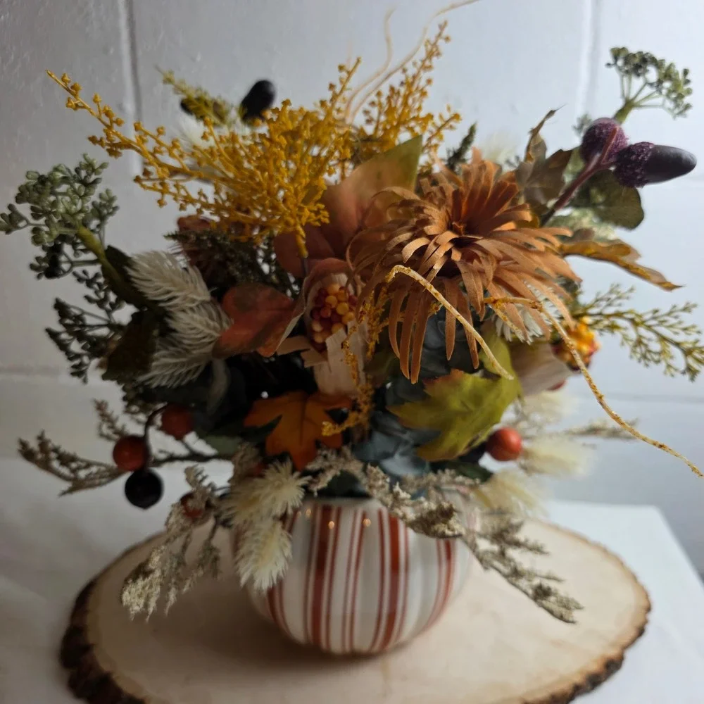 Fall Harvest Artificial Floral Arrangement in Striped Ceramic Pumpkin Pot